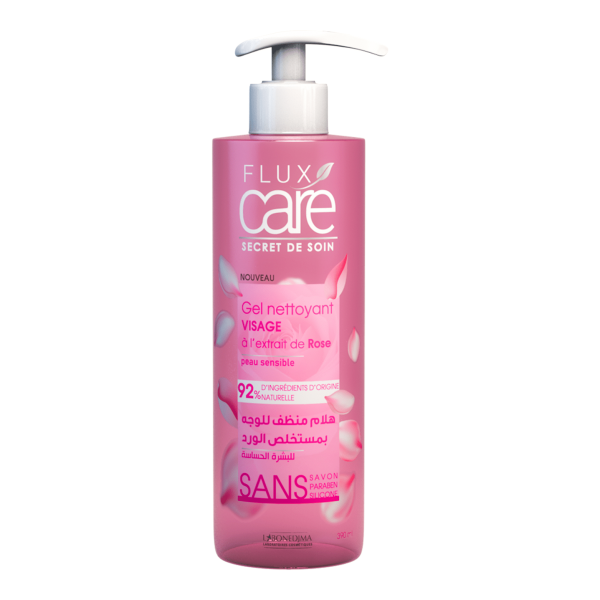 FLUX CARE GEL NETTOYANT VISAGE 390ML EXTRAIT DE ROSE PEAU SENSIBLE